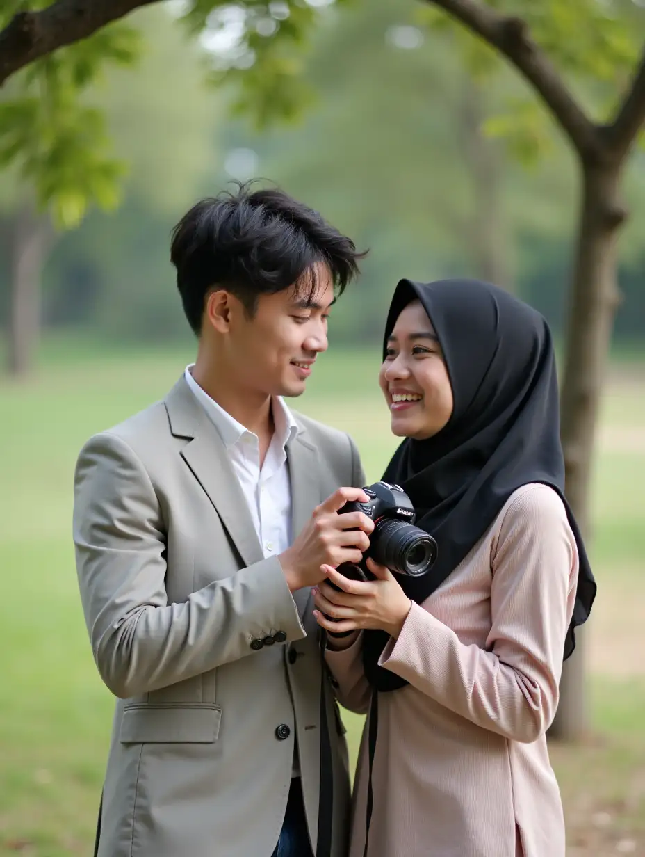 Young-Indonesian-Couple-Posing-Outdoors-with-Camera-Under-a-Tree-in-Formal-Attire