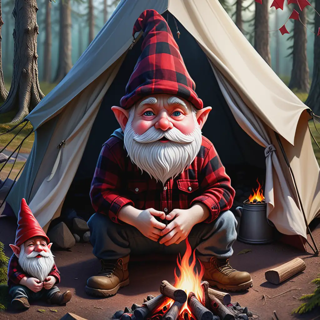 Gnome Camping in a Forest with Campfire and Tent