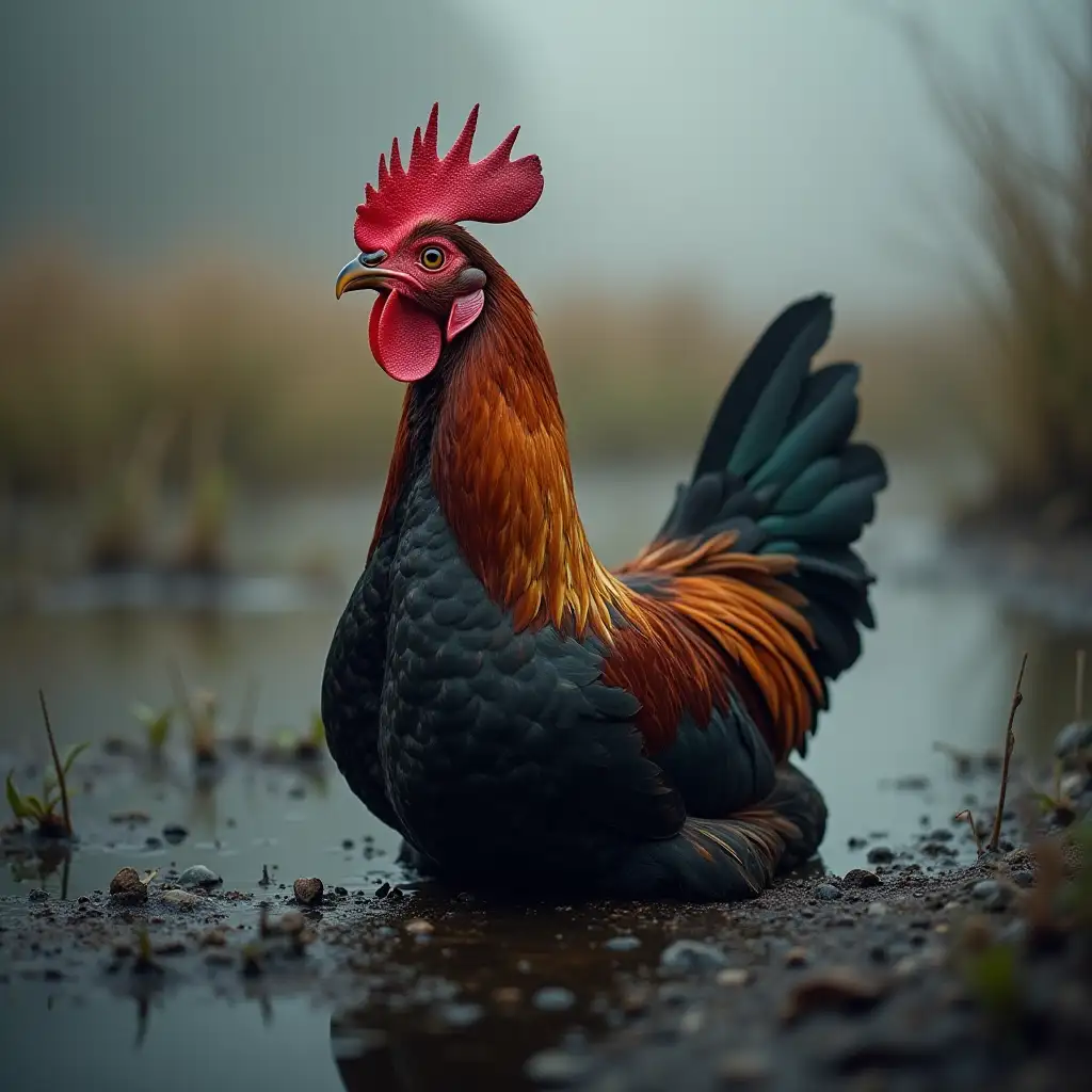 A chicken sitting on a black marsh