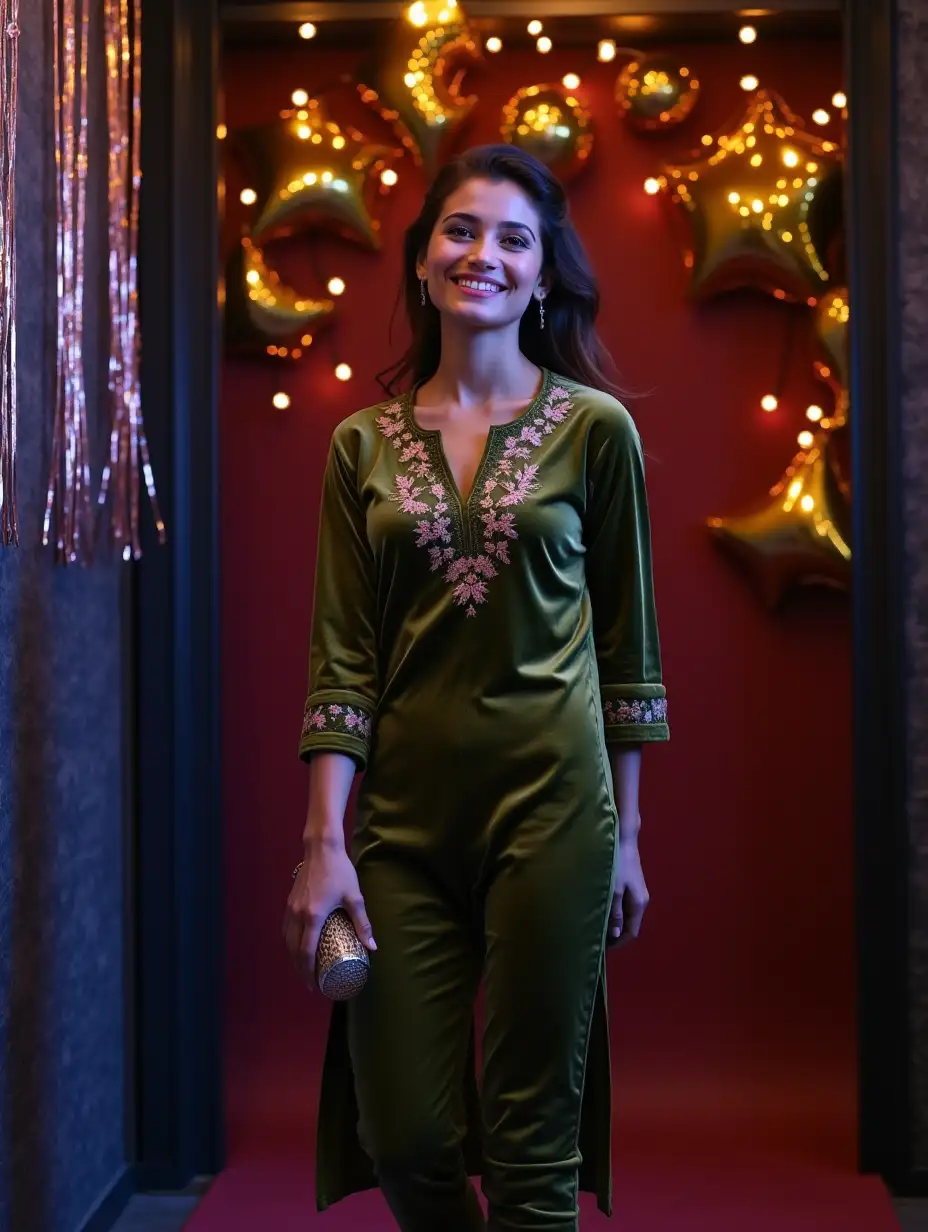 A stunning European female model with mid-length, softly styled brown hair steps into a vibrant farewell party, exuding youthful elegance and joy. She is dressed in an olive green velvet kurta, beautifully tailored with a modern silhouette and adorned with delicate floral embroidery in gold and pastel hues along the neckline and cuffs. The kurta’s rich texture catches the light, paired seamlessly with tailored cigarette pants in a matching olive tone and gold pointed stilettos, creating a contemporary twist on a classic ethnic look.

Her hair is styled in a trendy half-up, half-down knot with loose waves, adding a youthful and chic touch. The lighting casts a moody glow in hues of deep maroon, blue, and purple, creating a dramatic party atmosphere. However, a soft spotlight illuminates her face and outfit, ensuring the intricate details of the kurta and her radiant expression remain the focus.

The backdrop has been refreshed to match this color palette, featuring shimmering metallic streamers, faint disco ball reflections, and cascading fairy lights against a textured dark maroon wall. The entrance is framed with oversized gold balloons and a light-draped arch, subtly glowing in contrast to the darker setting.

The model strikes a playful yet poised pose, one arm gracefully holding a delicate clutch while the other rests confidently on her hip, her eyes filled with excitement. The lighting enhances the rich colors and textures, making her stand out as the centerpiece of the celebratory scene. This editorial-style image perfectly combines a modern farewell party vibe with high-fashion ethnic styling, blending the energy of a vibrant night with the sophistication of velvet and embroidery.