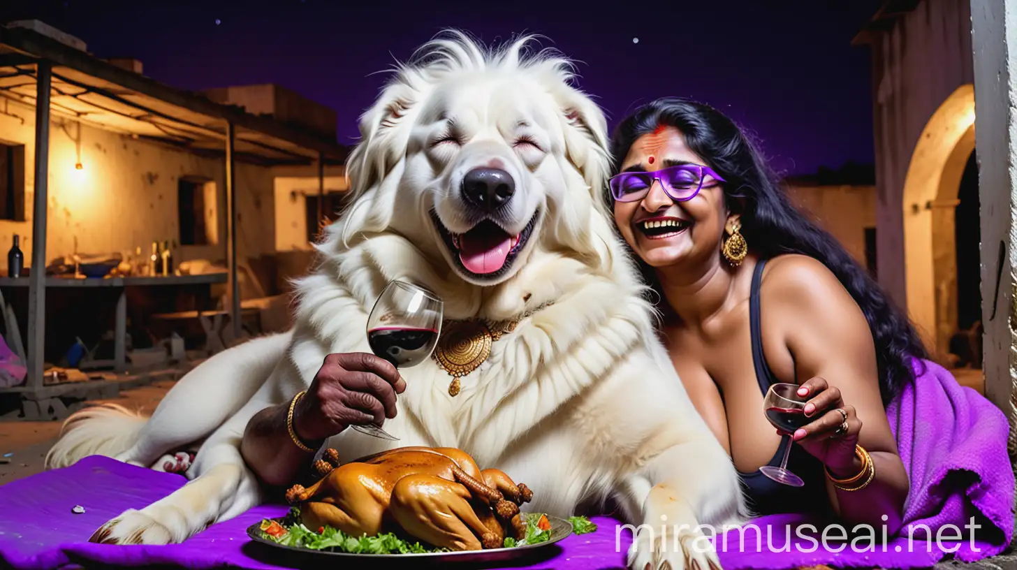 Indian Bodybuilder and Curvy Woman Sleeping with Tandoori Chicken and Dog