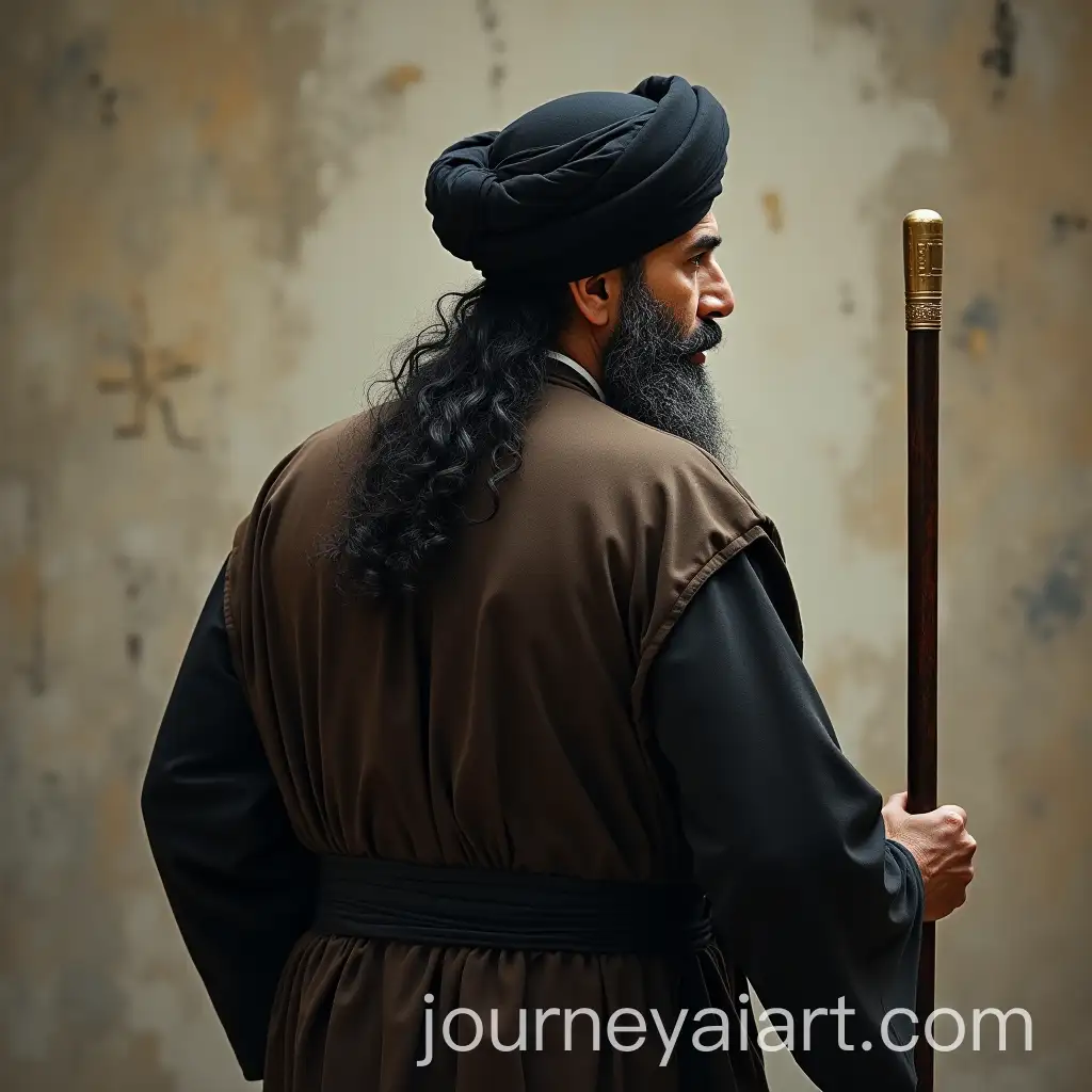 Man-with-Long-Beard-and-Black-Turban-Holding-Cane-from-Behind