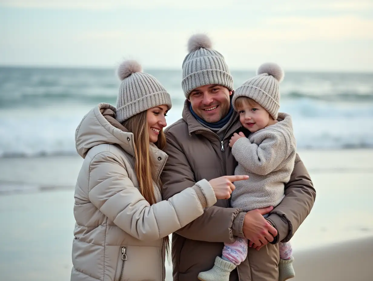 Mother, father and children at the beach for family time in winter with love and care outdoor in nature. Man, woman and kids on a vacation, holiday or travel trip for bonding and pointing at mockup