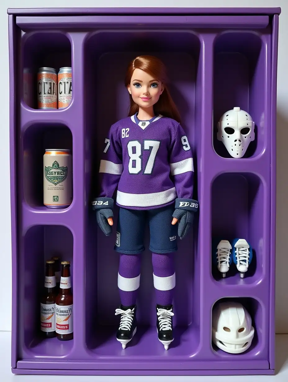Create an action figure in the photo. It will be an action doll in the style of Bratz, made of soft touch plastic. The toy is standing in a recess in a purple box. Full size. The figure has a hockey uniform HC Amethyst from Yekaterinburg, number 87 on the sleeves. Near the figure in recesses should be its accessories: Bauer skates, white hockey helmet with a mask, Bauer stick, beer packaging. Also on the box at the top should be written KOROBEYNIKOV #87. Depict it realistically.