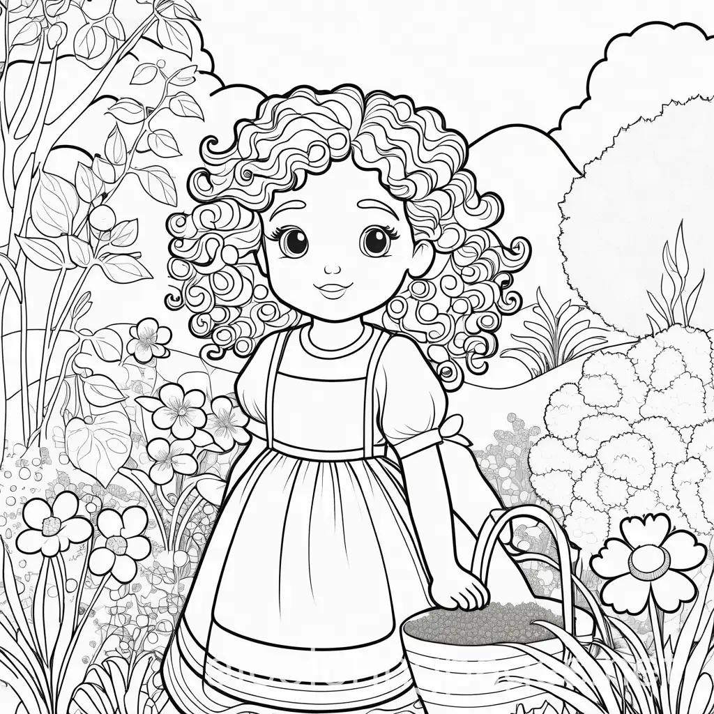 a girl with curly hair playing in the garden, Coloring Page, black and white, line art, white background, Simplicity, Ample White Space. The background of the coloring page is plain white to make it easy for young children to color within the lines. The outlines of all the subjects are easy to distinguish, making it simple for kids to color without too much difficulty