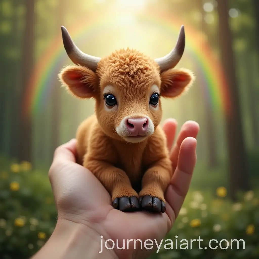 Hand-Holding-UltraRealistic-Cute-Baby-Cow-with-Rainbow-in-Forest-Background