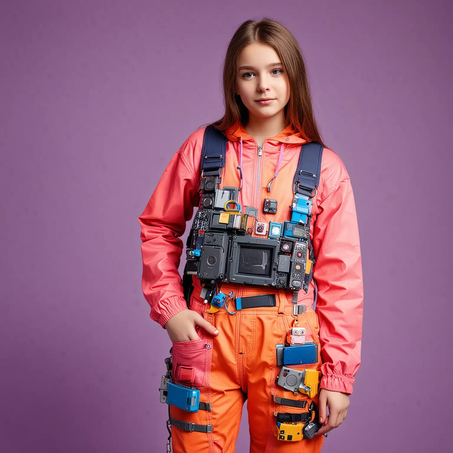 Girl Wearing Colorful Gadgets and Overalls