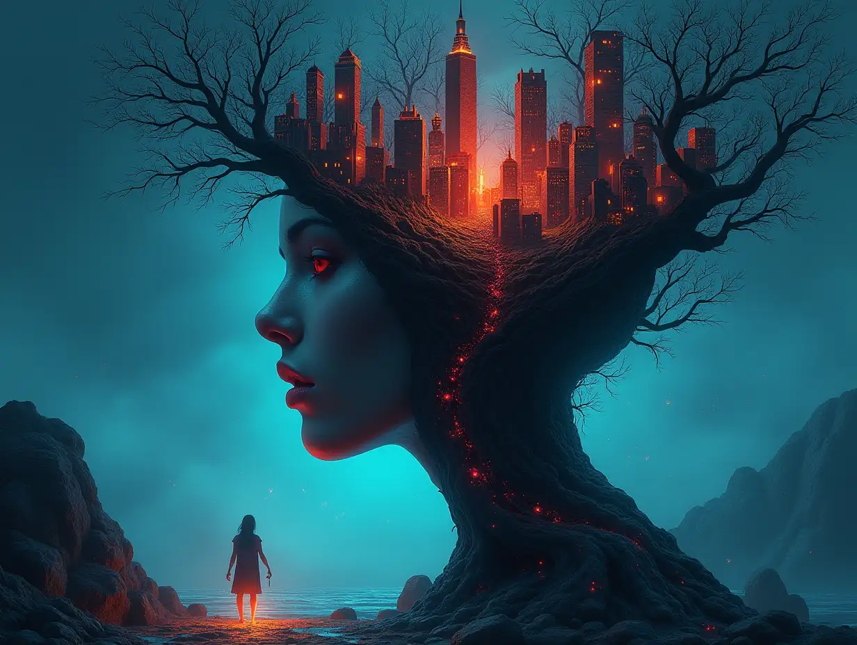 Creating a digital painting of a face with hair transformed into buildings with ruby stones and sea and Illuminated trees with roots and rocks lantern and strange people and Ghost hand