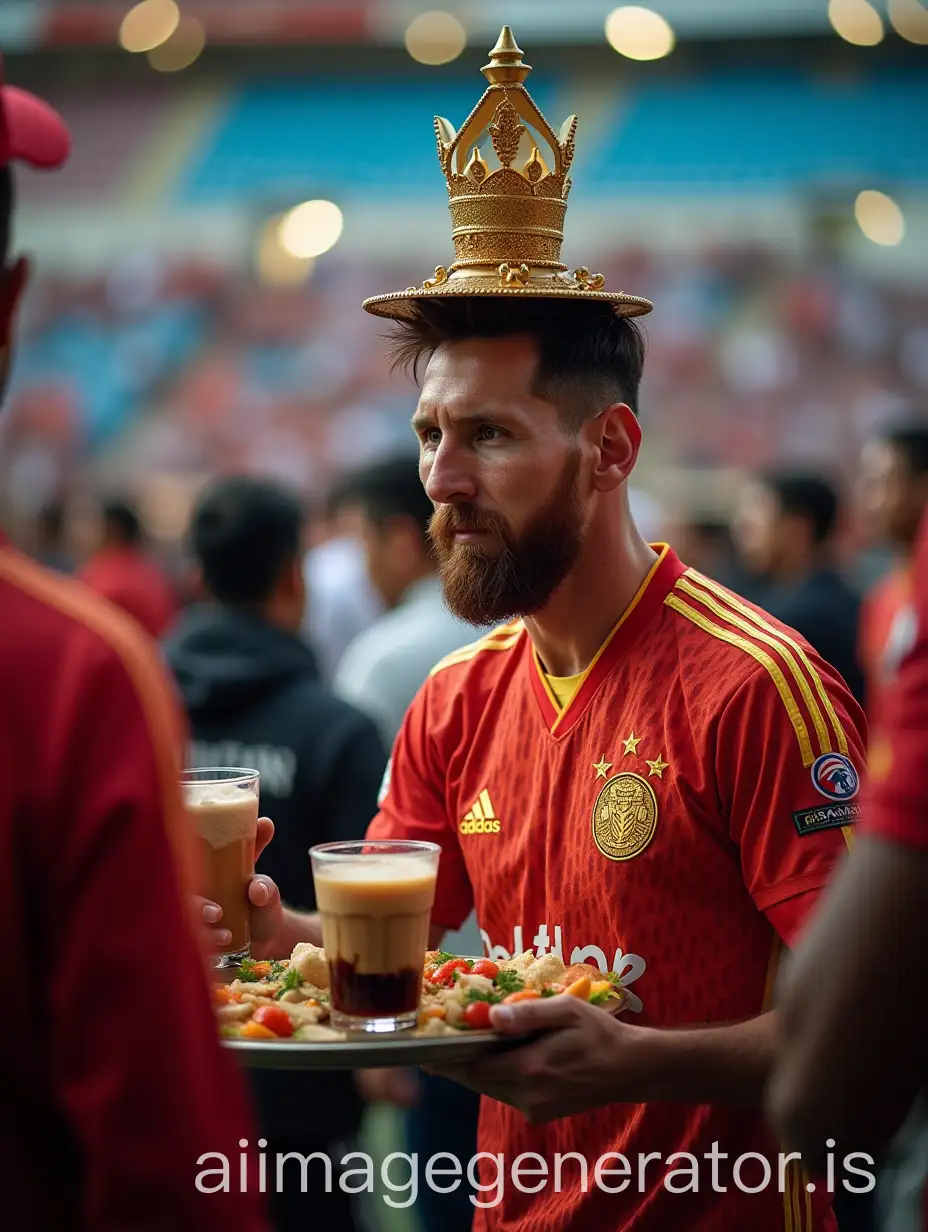 Lionel-Messi-in-Neon-Persija-Jakarta-Costume-Selling-Iced-Coffee-at-Stadium