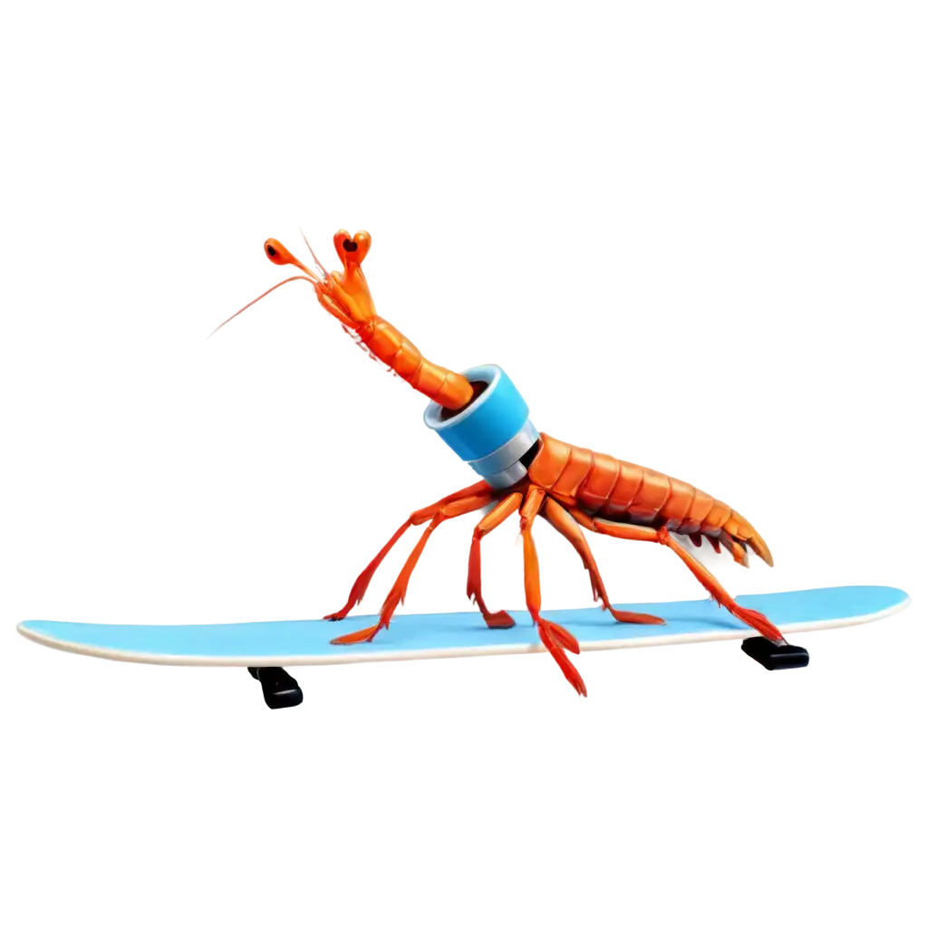 astronaut shrimp surfing on an ironing board