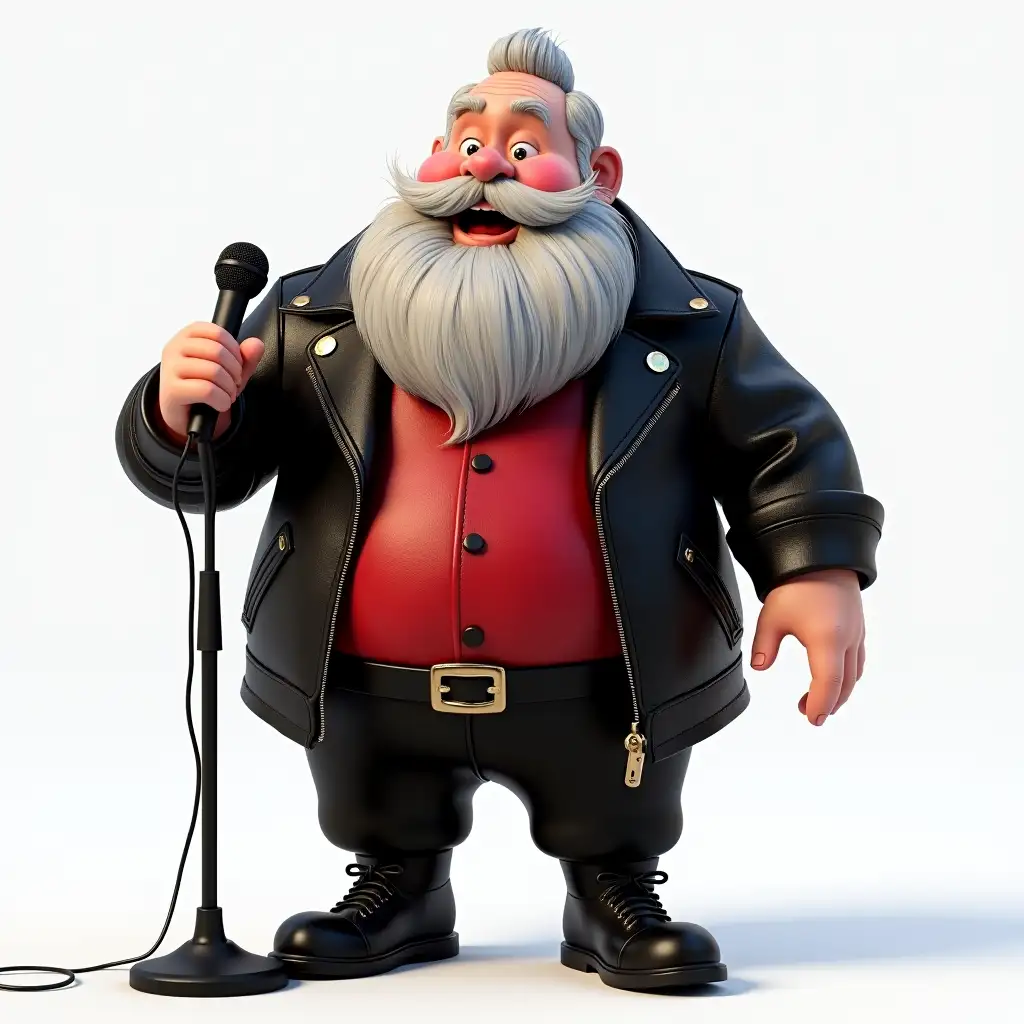 The figure of plump Santa Claus punk rock singer with light gray hair and light gray beard, wearing a black leather punk santa claus jacket, with red satin shirt and black trousers and with black converse shoes. with a microphone in the stand. 3d disney pixar cartoon style.