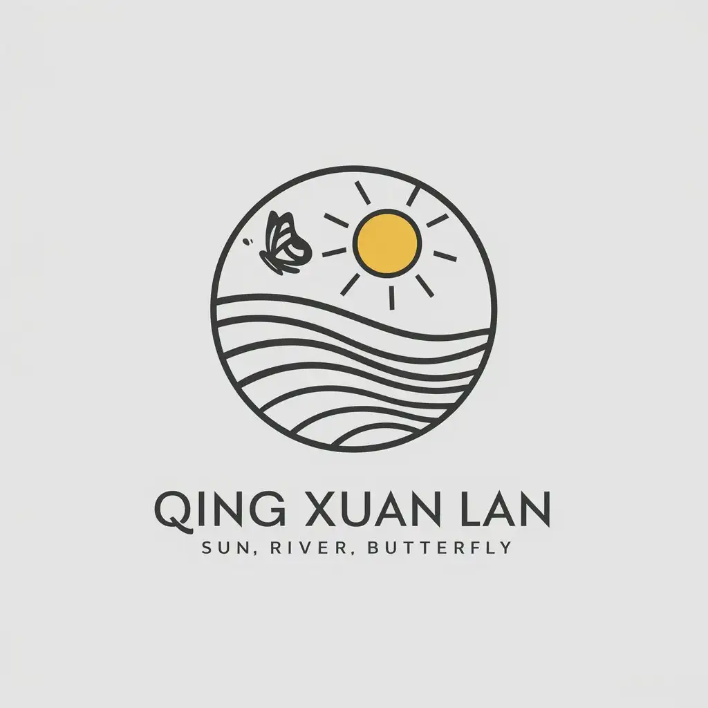 a vector logo design,with the text "Sun, river, butterfly, upscale, minimalistic", main symbol:Qing Xuan Lan,Minimalistic,be used in Technology industry,clear background