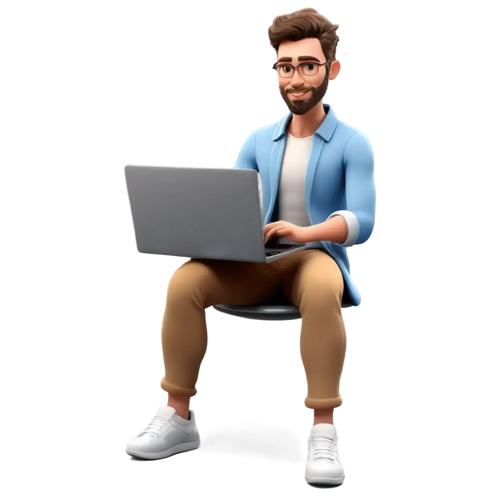 3D-Character-Man-with-Beard-Sitting-in-Spherical-Chair-with-Laptop-HighQuality-PNG-Illustration