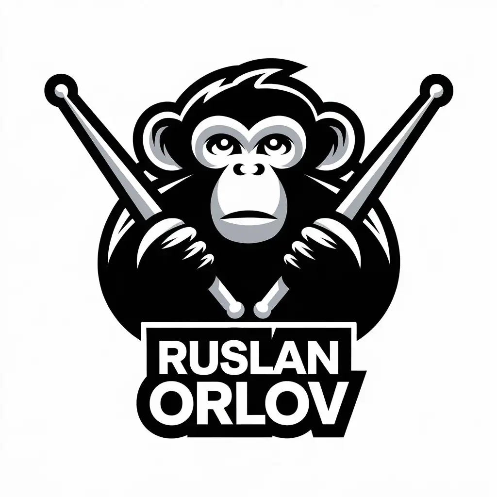 LOGO-Design-for-Ruslan-Orlov-Black-White-Logo-with-Monkey-and-Drumsticks-Theme