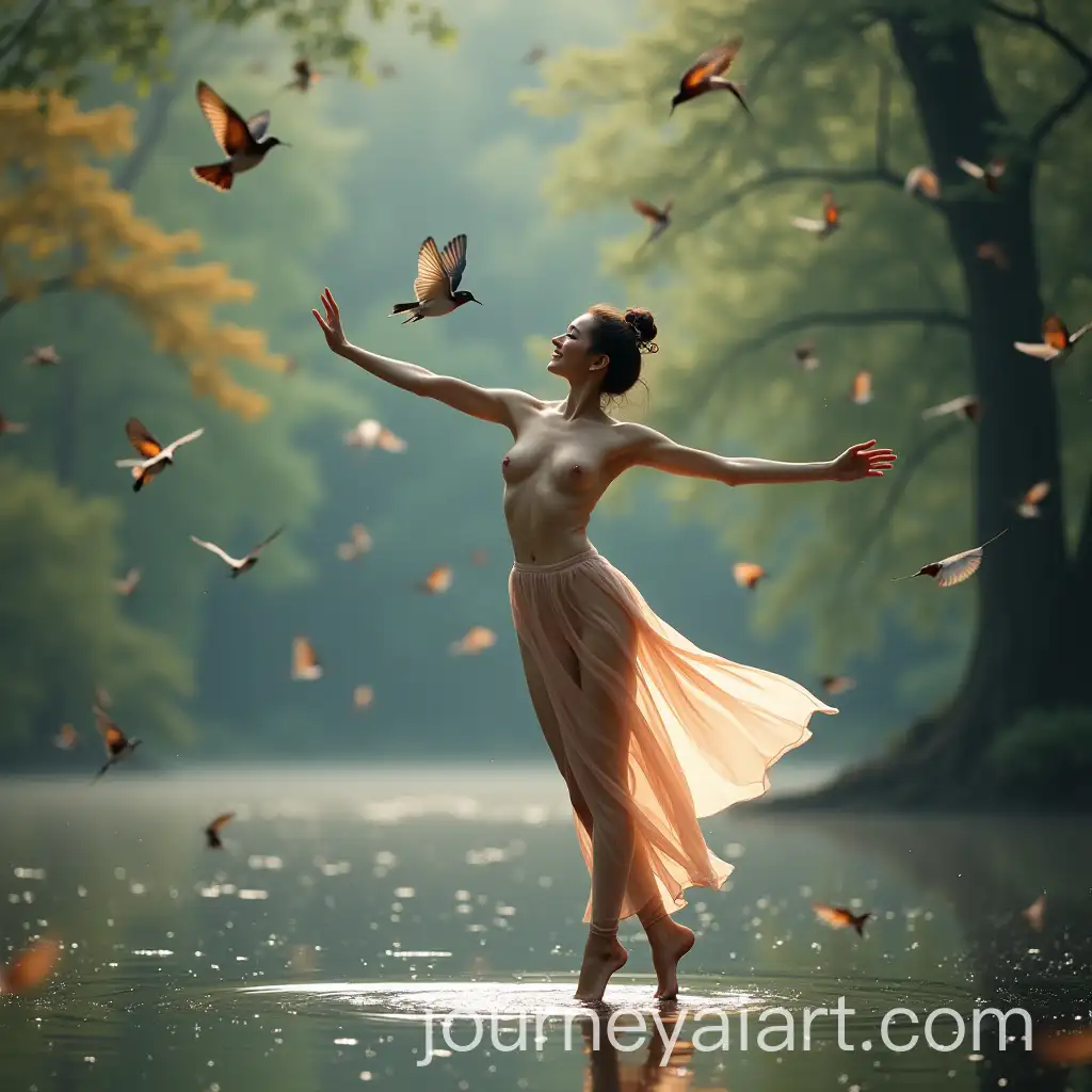 Young-Chinese-Woman-Dancing-and-Smiling-in-Forest-Lake-with-Colorful-Birds