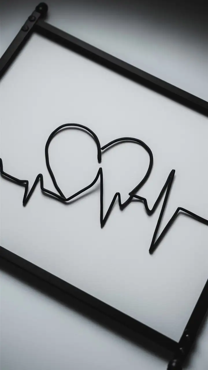 Heartbeat line art, minimalist black and white, single continuous line forming a heart shape, white background, framed in thin black metal frame, Scandinavian design, clean lines, studio lighting, sharp focus --ar 1:1 --style raw --v 6.0