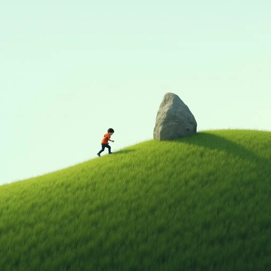 Child-Climbing-Hill-Towards-Rock-on-a-Green-Grass-Landscape