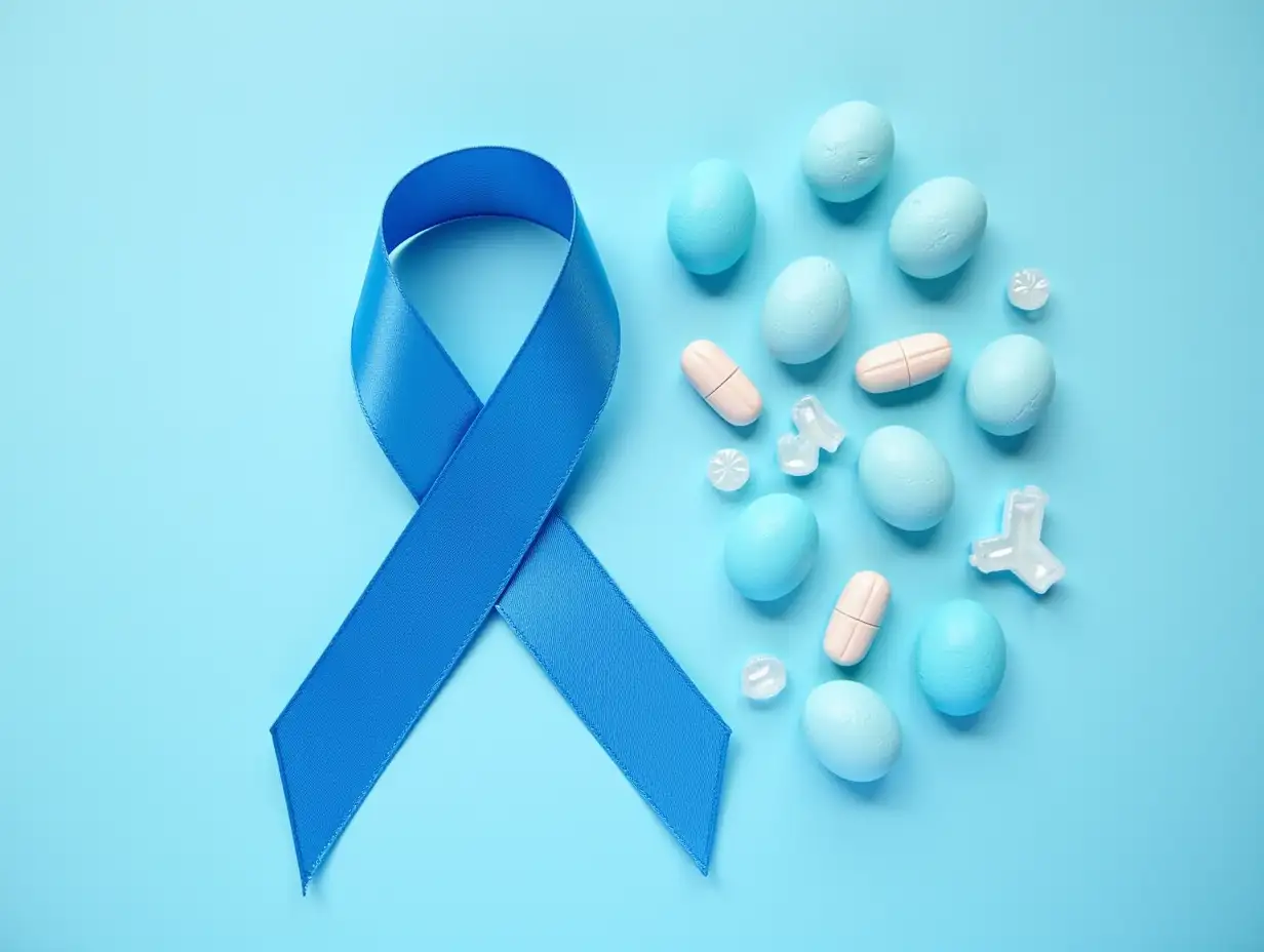 Blue ribbon symbolizing support of men, pills and eggs. Blue november prostate cancer awareness month. International Mens Health Day. Flat lay