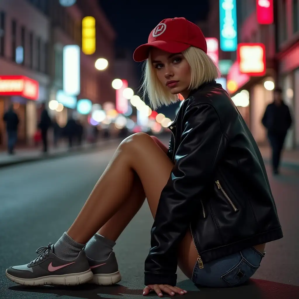 Punk-Girl-in-a-City-Street-at-Night-with-Blonde-Bob-and-Red-Baseball-Cap