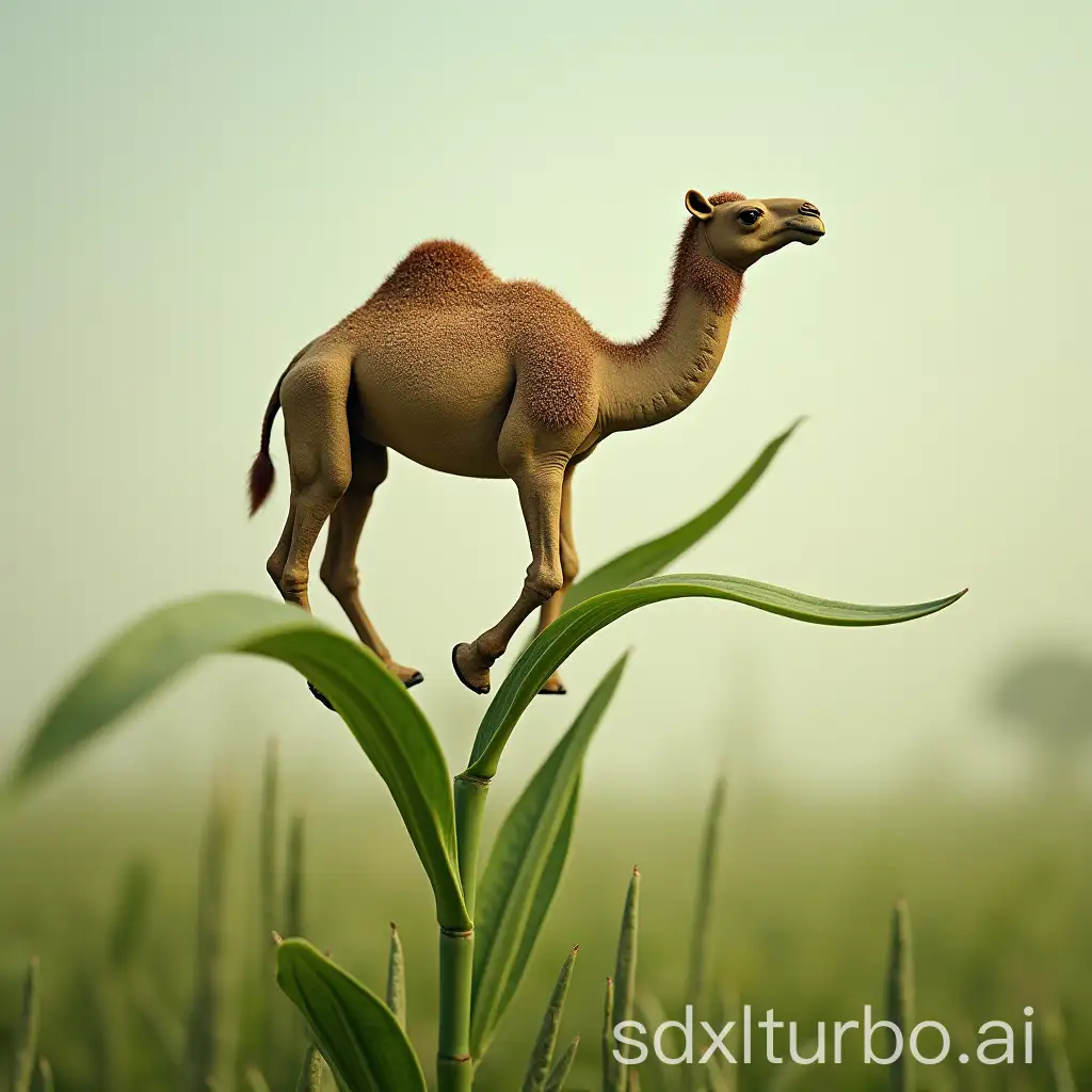 A blade of grass supporting a camel