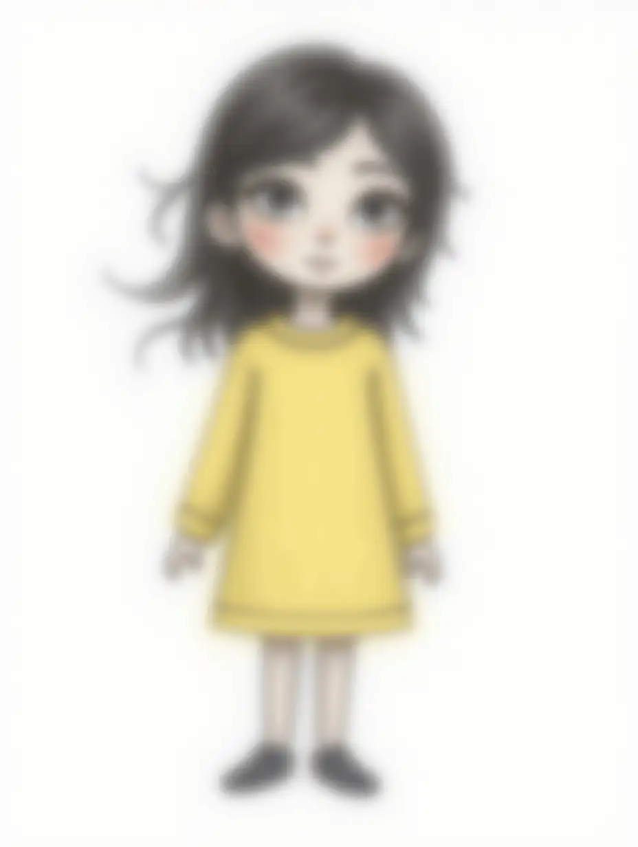 user_prompt: Draw a charcoal girl with a big head and small body. Her hair is carelessly styled, wearing a light yellow sweater dress, art, white background