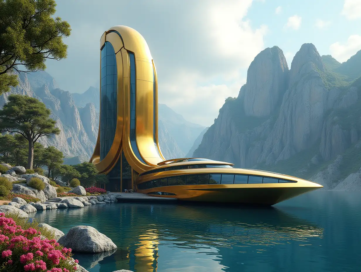 Create a high-resolution realistic image in 4k resolution of a futuristic gold building with black and blue accents, curved pillars, mountains with large trees, rocks, flowers, a very large futuristic yacht with glass windows and a cloudy sky