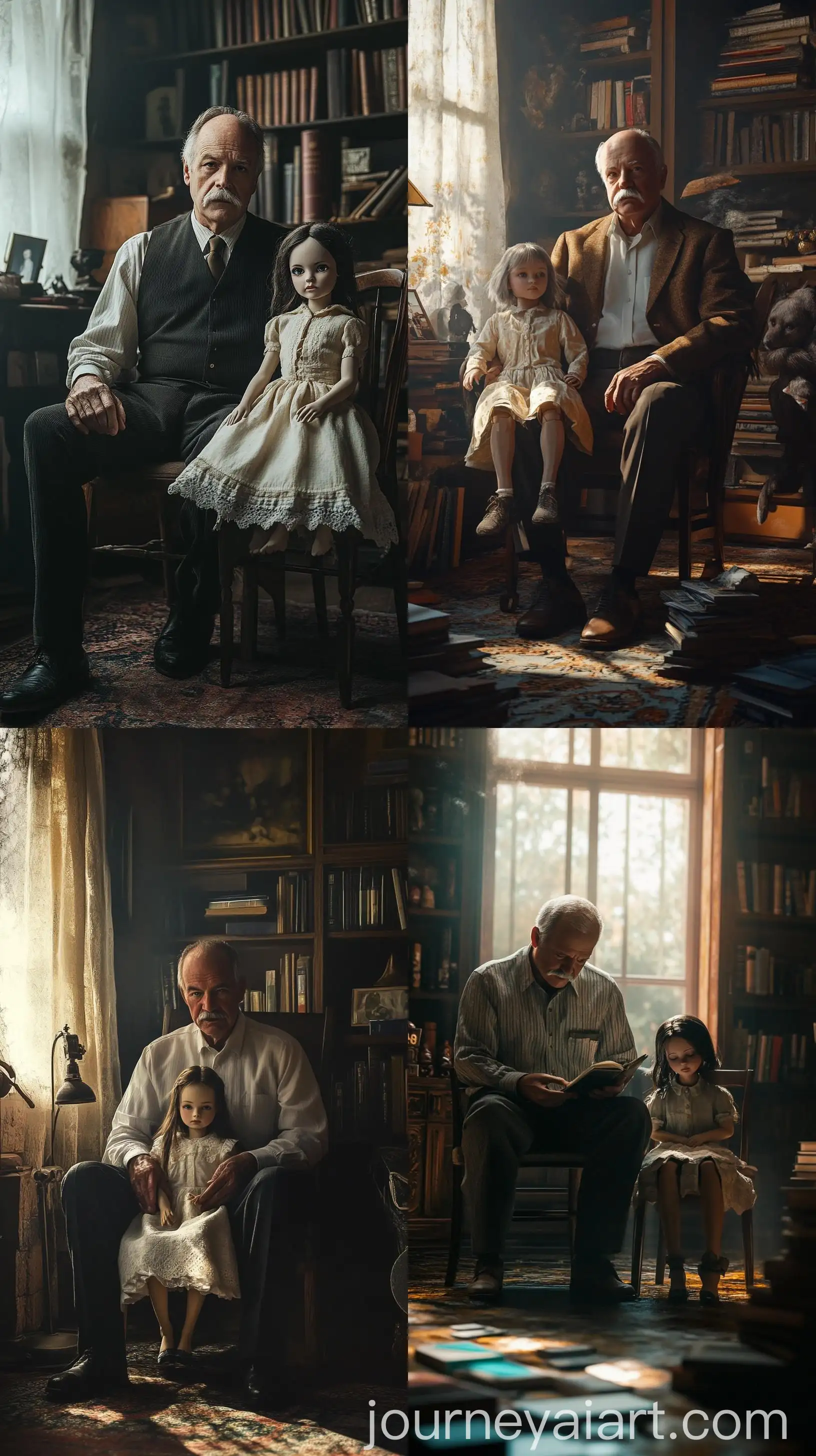 Elderly-Scholar-with-LifeSized-Doll-in-Mysterious-Library-Setting