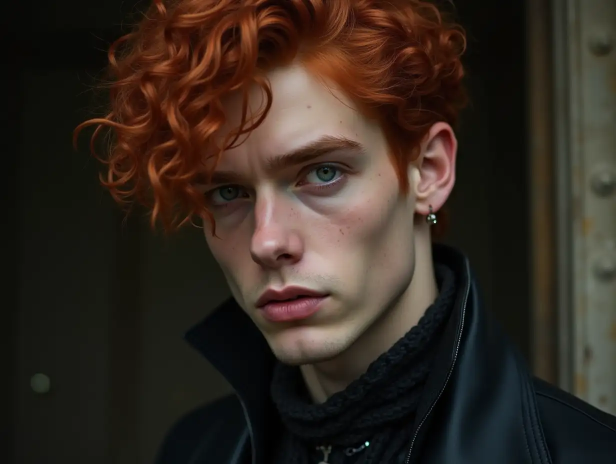 Handsome young man with red, curly hair. Amber, tired eyes. Wide brows. Dark circles under eyes. Long face. Upturned nose with a hump. Cheekbones. Tall. Wearing fashionable gothic classic clothing. Photo in realism.