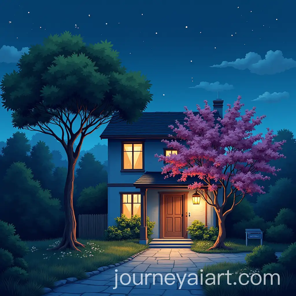 Tranquil-Night-Scene-of-DoubleStory-Village-House-with-Flower-Tree