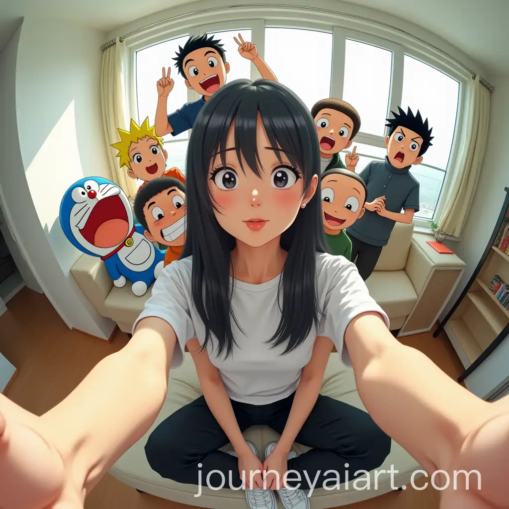 Young-Woman-in-aAI-Image-Prompt-Expansion-Fisheye-Selfie-with-Anime-Characters-in-Modern-Living-Room