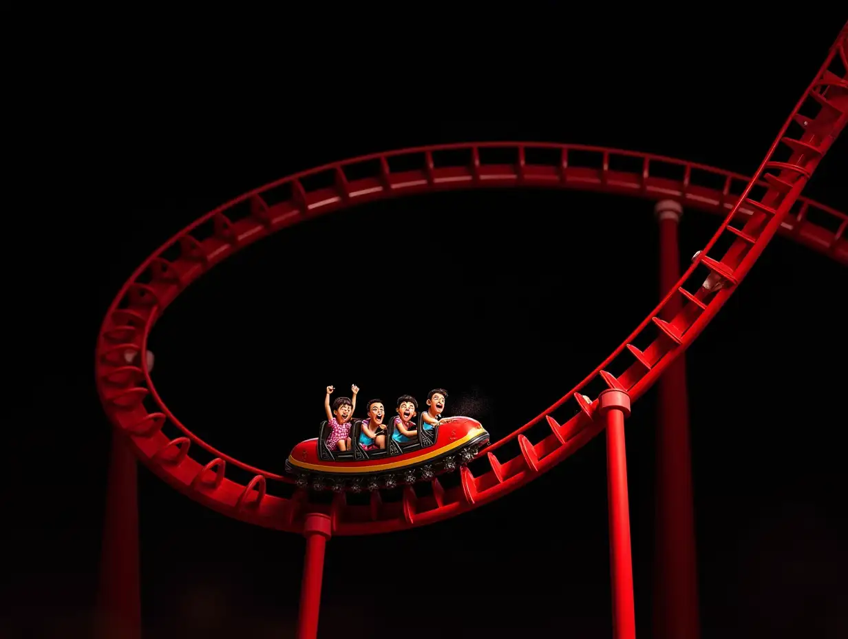 Red-Roller-Coaster-Rail-with-Dramatic-Climbs-and-Drops-Against-Black-Background