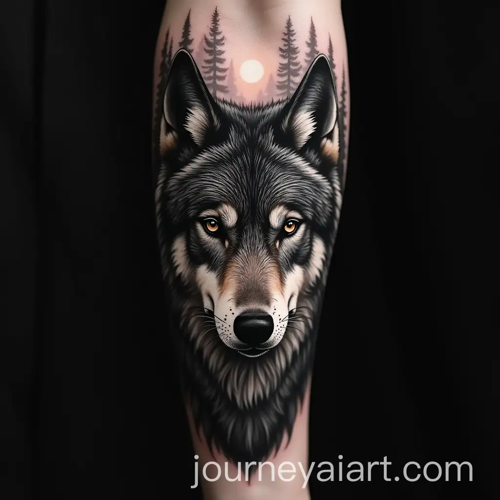 HyperRealistic-Black-and-Grey-Wolf-Tattoo-with-Piercing-Eyes-and-Moonlit-Forest-Background