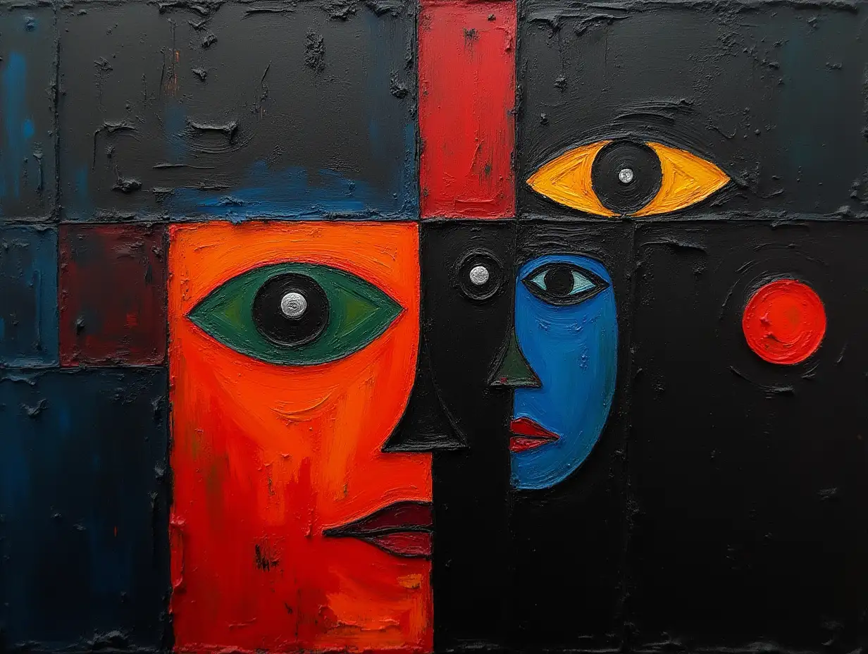 picture in a grid, striped, primitively schematic, two faces in darkness in the style of Kandinsky, Malevich, minimalism, simplify for a beginner artist acrylics many colors, constructivism abstractionism, gloomily,