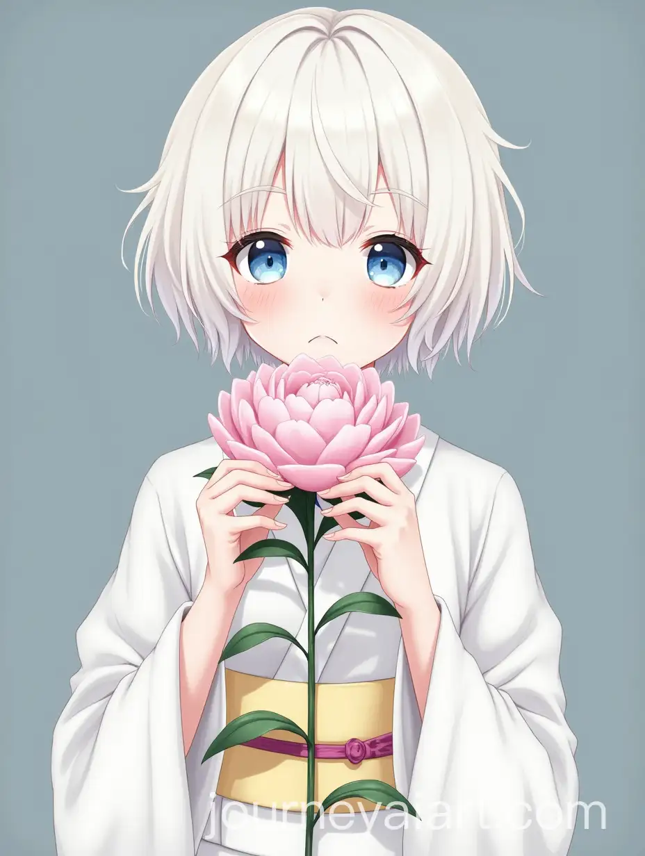 Albino-Girl-in-White-Kimono-Holding-a-Peony-with-Blue-Eyes