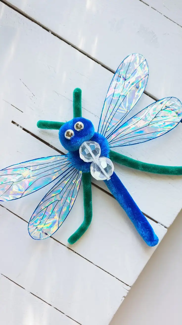 Overhead flat lay of a sparkling blue pipe cleaner dragonfly craft on a white wooden surface, iridescent cellophane wings catching the light, large faceted clear bead body, green pipe cleaner legs and antennae, soft window light, clean and bright, top-down view, elegant, delicate style.