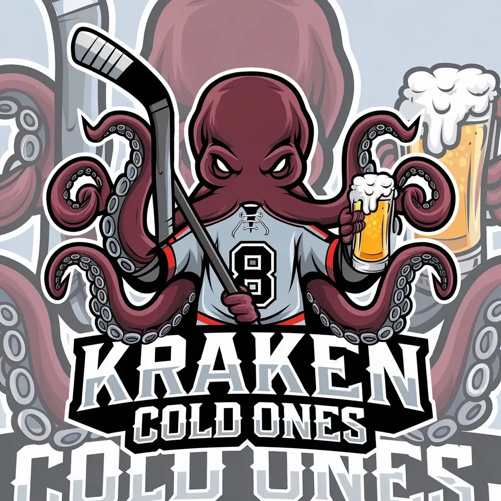 LOGO Design for Kraken Cold Ones Octopus with Hockey Stick and Beer Symbolism