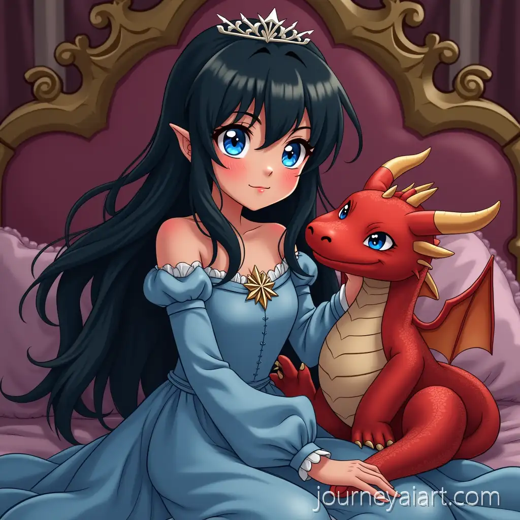 BlueEyed-Girl-in-Princess-Dress-Petting-Red-Dragon-on-Royal-Bed