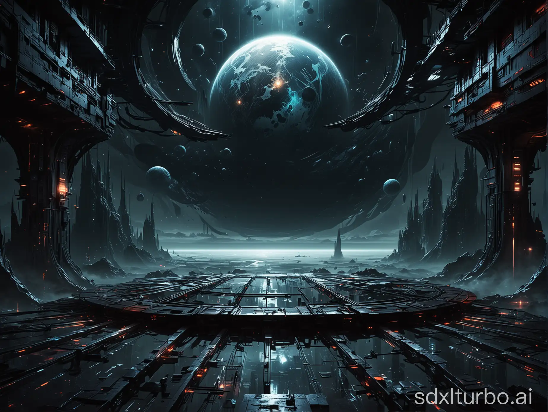Painted Dark and beautiful futuristic place with platform ,planet  view