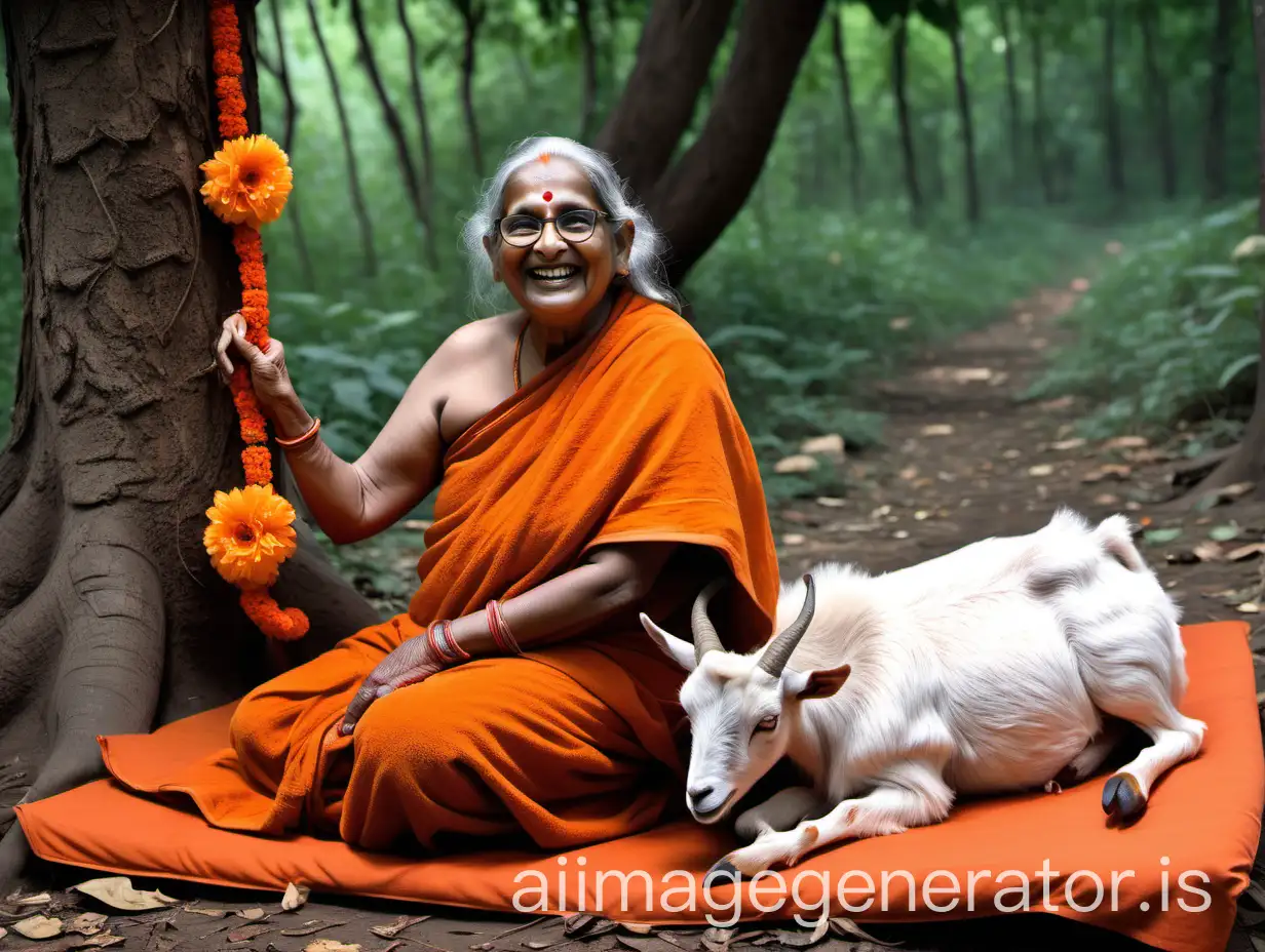 Elderly-Hindu-Woman-Monk-with-Goat-in-Forest-Setting