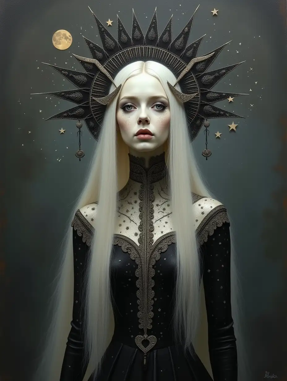 An old oil painting, dramatic. The golden ratio, minimalism. Dilka Beer style, moon-faced pale-skinned woman, in a black and silver dress with intricate patterns, with long white hair with stars, in a Gothic fantastic headdress, on a dark cosmic background, gray haze, in the style of Dilka Beer, Nicoletta Ceccoli and Mark Ryden.