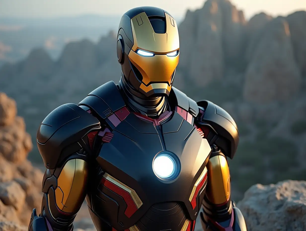 Iron Man with black em,bronze costume brightly shaded face stands on a rock 4K resolution bright shadings