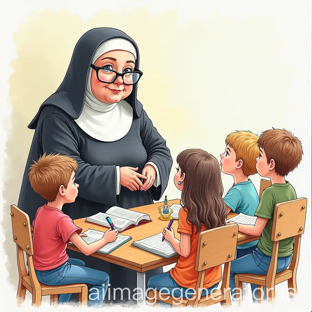 Drawing with crayons of a classroom with six children, in religion class. The teacher is a short, wrinkled, chubby nun with big glasses.