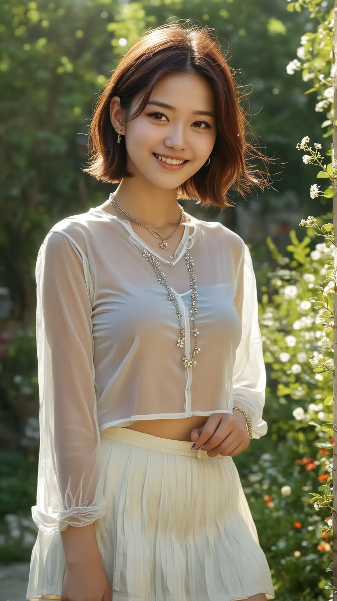 Smiling-Girl-in-Miniskirt-and-Transparent-Shirt-in-an-Outdoor-Setting-with-Jewelry-and-Flowers