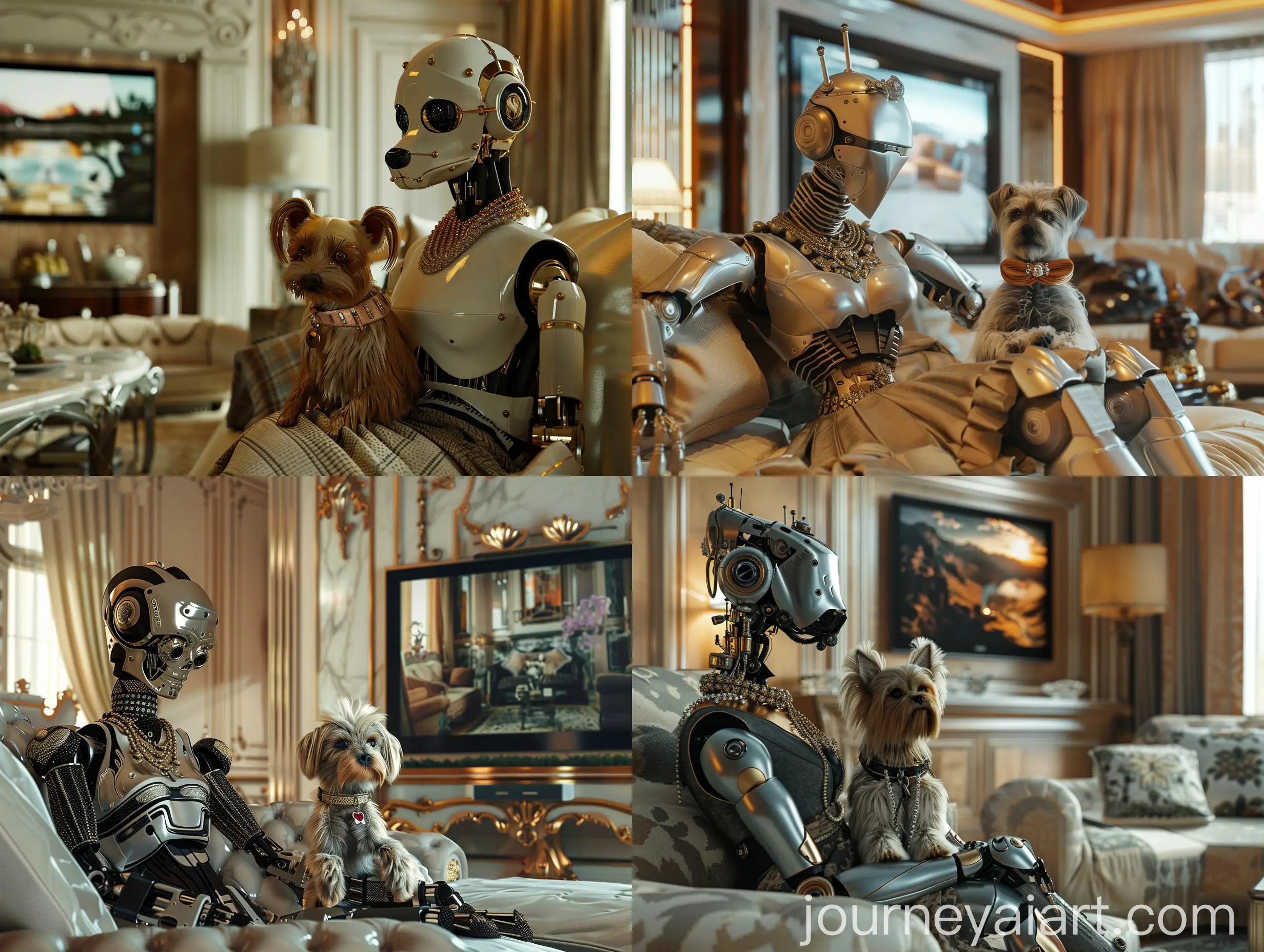 Luxurious-Robot-with-Yorkshire-Terrier-in-Modern-Living-Room-Watching-Nature-Documentary