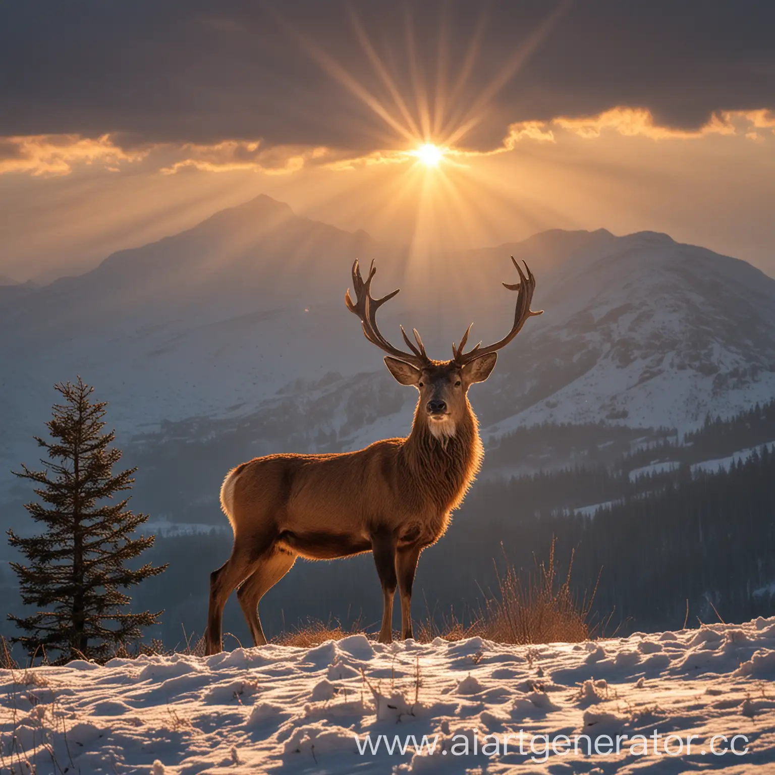 Caucasian red deer, extinction, mountain, тhe rays of the sun