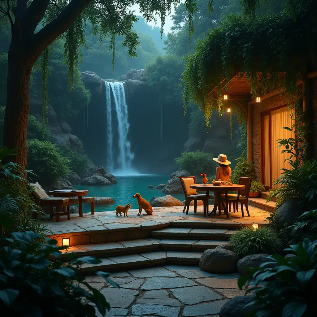 Create an image of an illuminated terrace with natural stone steps, table, chairs, parrot, cat, dog and a beautiful woman with sun hat in the jungle with large pond, waterfall, hanging plants, rocks with bushes and photo-realistic detail of parts and lighting.