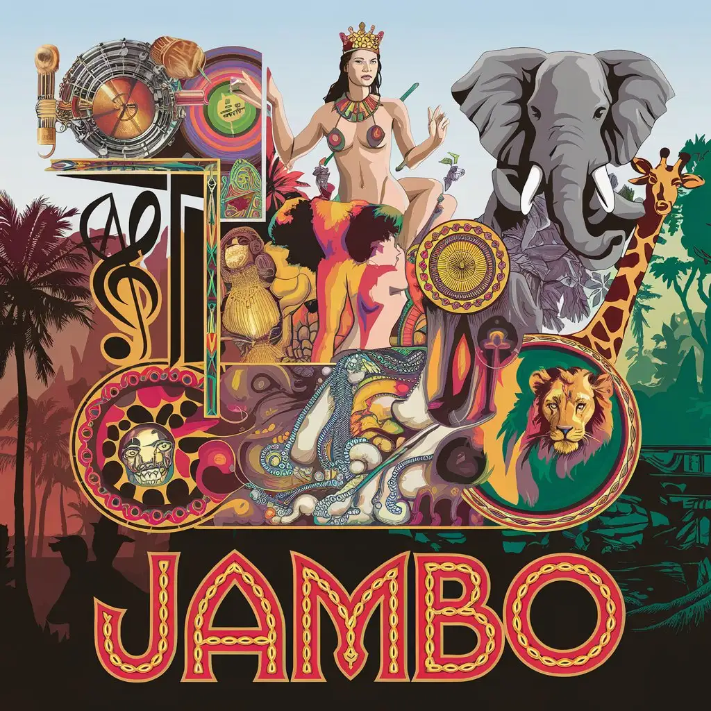 LOGO Design for JAMBO Engraved Wood Sacred Jungle and Psychedelic Music Elements with Dancing Figures