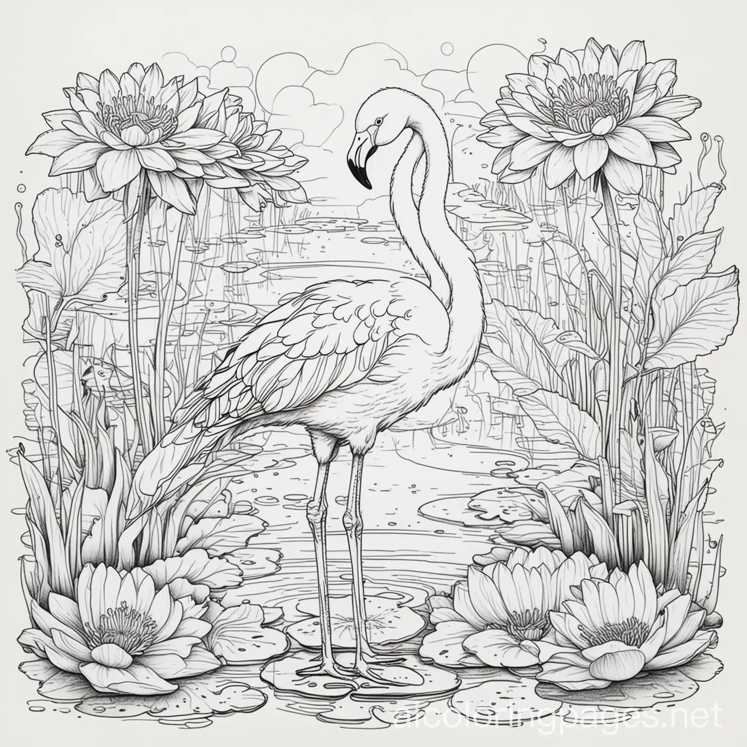 Flamingo standing in a pond with water lilies, kawaii style cartoon coloring page for kids, cartoon style, clean line art high detailed, no background, white, black, coloring book, sketchbook, realistic sketch, free lines, on paper, character sheet, 8k, Coloring Page, black and white, line art, white background, Simplicity, Ample White Space. The background of the coloring page is plain white to make it easy for young children to color within the lines. The outlines of all the subjects are easy to distinguish, making it simple for kids to color without too much difficulty