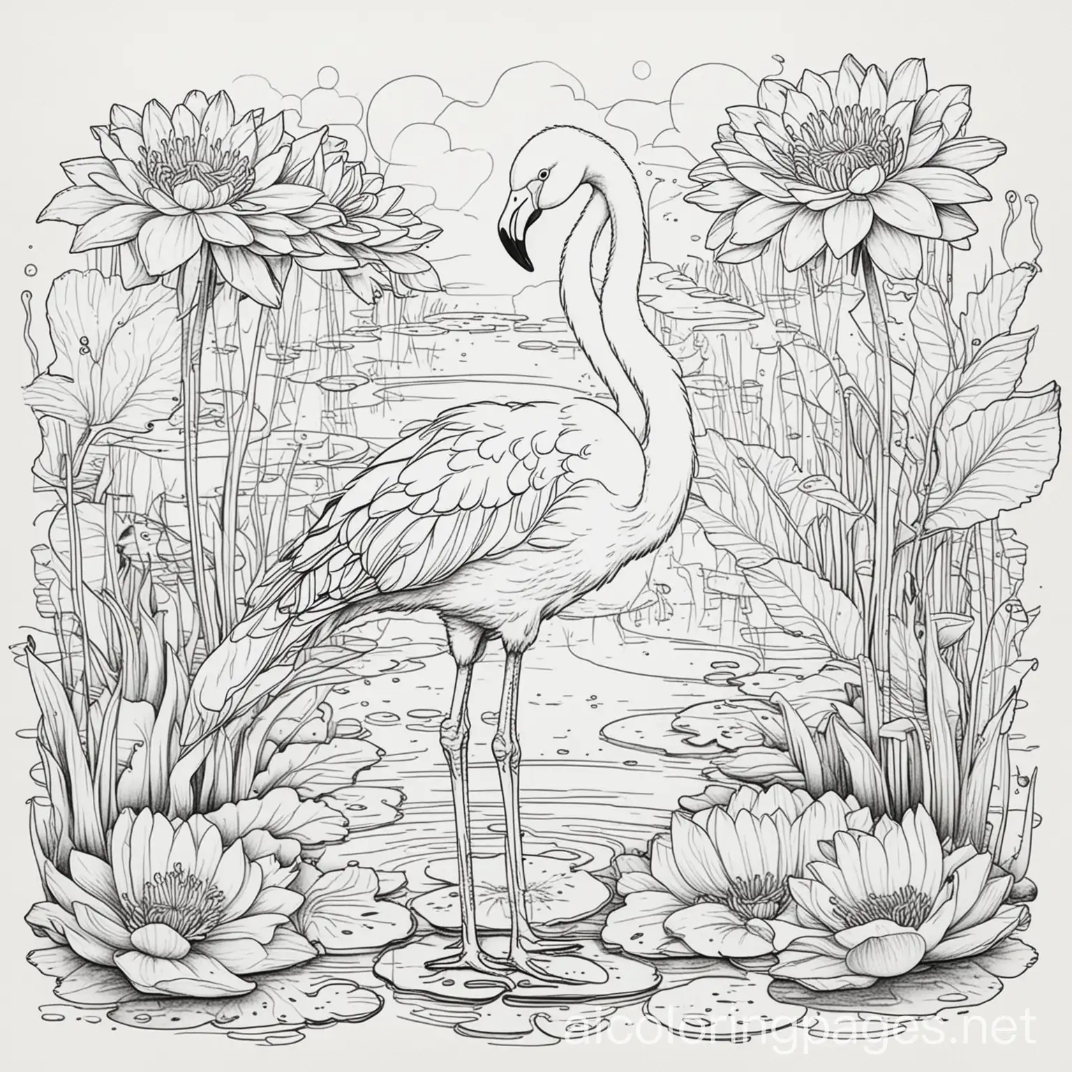 Flamingo-in-Pond-with-Water-Lilies-Kawaii-Style-Kids-Coloring-Page