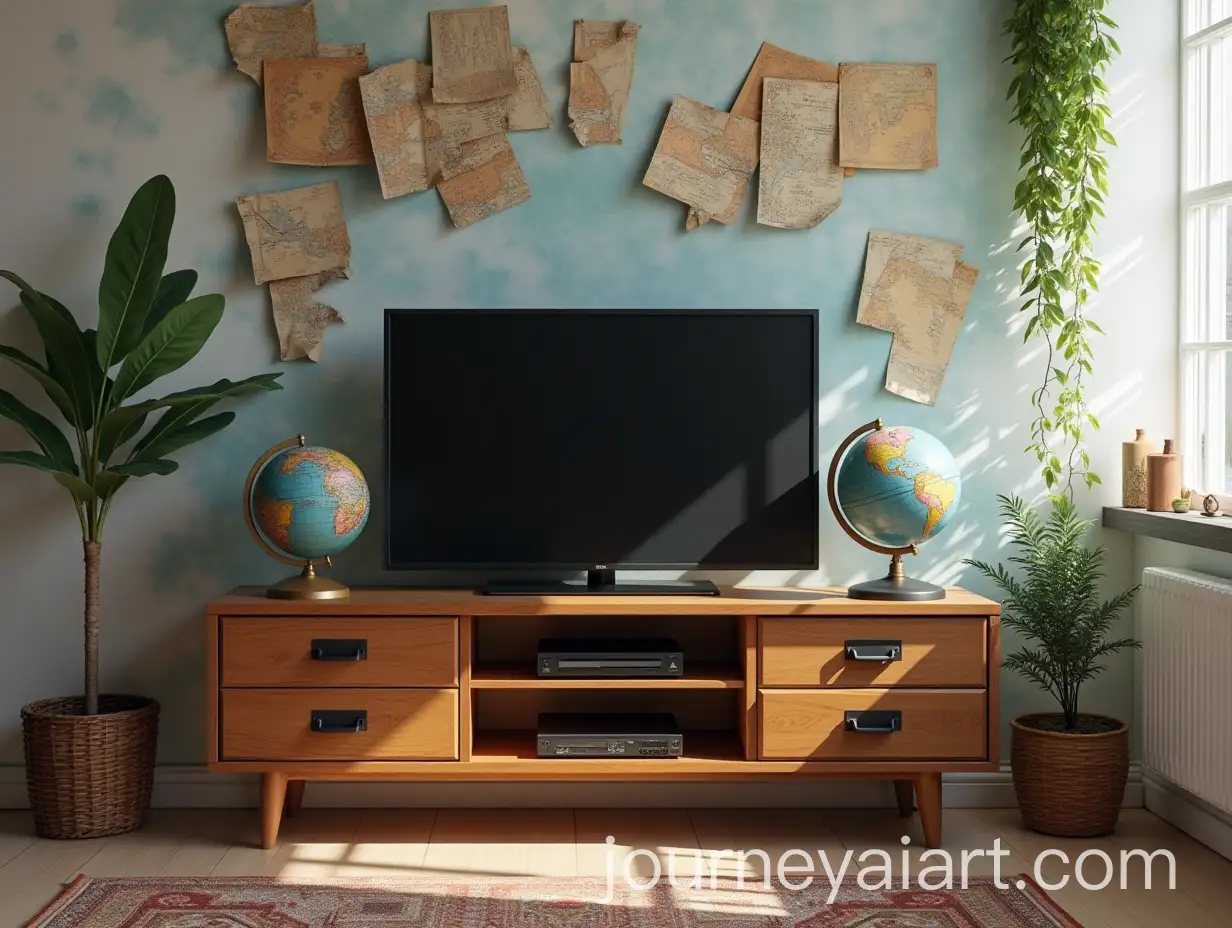 TV-Studio-Decor-with-Travel-Theme-Featuring-Globe-and-Suitcase-Desks